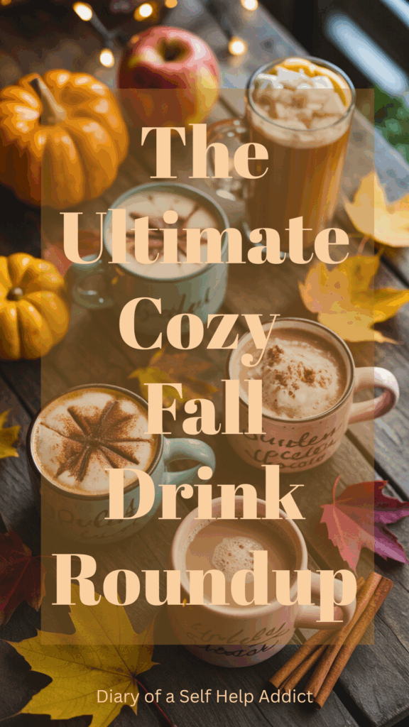Flat lay of a rustic wooden table with cozy fall drinks (pumpkin latte, apple cider, spiced hot chocolate) in cute mugs, cinnamon sticks, scattered fall leaves, warm lighting, soft focus.