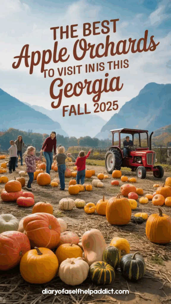 A bright pumpkin patch with kids picking pumpkins and gourds of all shapes and colors, tractor ride in the background, fall mountains behind.