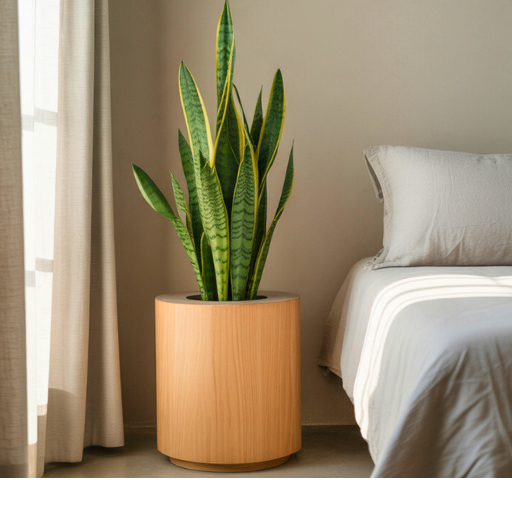 snake plant in a neutral wooden planter next to a bed with light colored linens in a modern, minimalist space