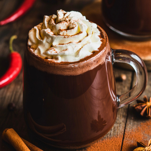 spicy hot chocolate in a clear mug with whipped cream and cinnamon, star anise and hot peppers in the background
