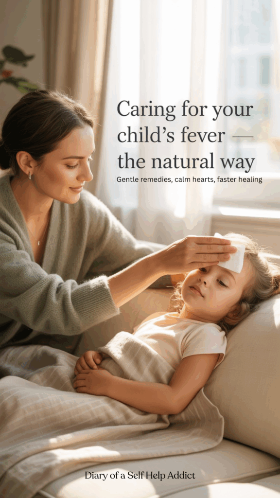 Warm, cozy natural wellness aesthetic. A caring mom sitting beside her sick child on a couch or bed, gently placing a cool cloth on the child’s forehead. Soft natural light, warm beige and sage tones, and a comforting home setting. Add overlay text: “Caring for Your Child’s Fever — The Natural Way” in elegant serif font. Subtext: “Gentle remedies, calm hearts, faster healing.”