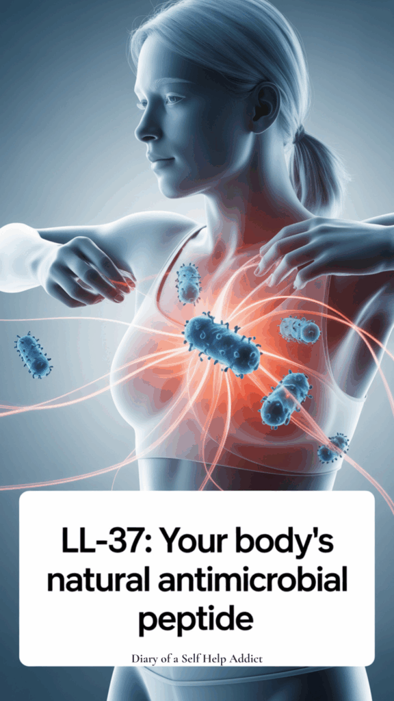 A sleek, minimalist health infographic showing the human immune system at work, with LL-37 peptide molecules illustrated as glowing energy threads defending against viruses and bacteria. White-blue color palette, scientific yet elegant, clean text overlay reading “LL-37: Your Body’s Natural Antimicrobial Peptide.”