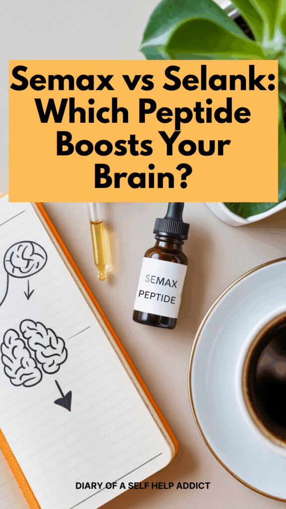 A flat-lay style image of a small glass vial labeled “Semax” with a dropper, next to a notebook with brain doodles, a coffee cup, and a plant. Bright, clean, and modern aesthetic with a soft neutral background.