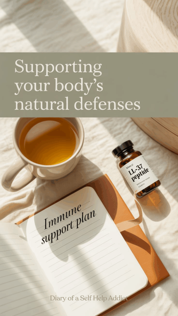A cozy, modern wellness flat lay: herbal tea, notepad labeled “Immune Support Plan,” a small vial labeled LL-37 Peptide, and soft natural light. Gentle, warm tones with “Supporting Your Body’s Natural Defenses” text overlay.