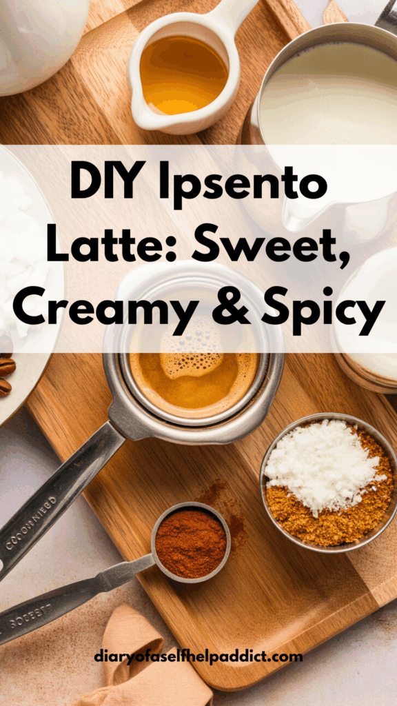 Step-by-step flat lay: espresso shot, coconut cream, honey, cayenne pepper, milk frother, measuring spoons, ingredients artistically arranged on a wooden board, warm natural lighting, inviting and instructional.