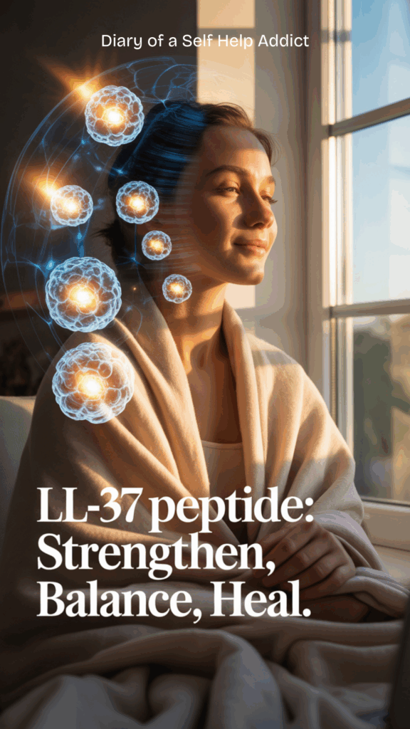 A woman wrapped in a blanket by a window, sunlight on her face, digital overlay of immune cells glowing protectively around her body. Text overlay: “LL-37 Peptide: Strengthen, Balance, Heal.”