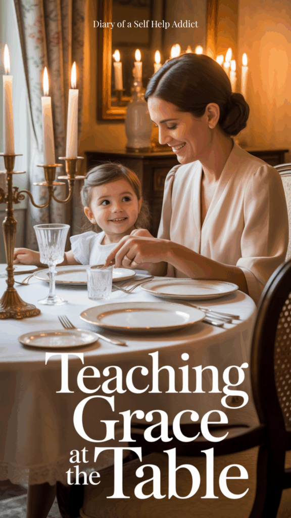 A graceful mother and her young daughter sitting at a dining table set for a formal meal. The mother smiles as she gently shows her daughter which fork to use. Warm, cozy lighting, classic decor, feminine and nostalgic vibe. Text overlay: “Teaching Grace at the Table.
