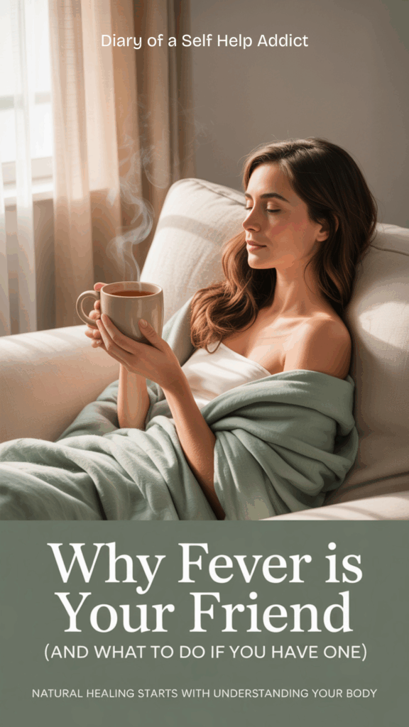Soft natural wellness aesthetic, warm beige and sage green tones, minimalist design. A cozy scene of a woman resting on a couch under a light blanket with a cup of herbal tea nearby, soft sunlight streaming in. Overlay text: “Why Fever Is Your Friend (and What To Do If You Have One)” in elegant serif + clean sans serif font combo. Add small subtext: “Natural healing starts with understanding your body.”