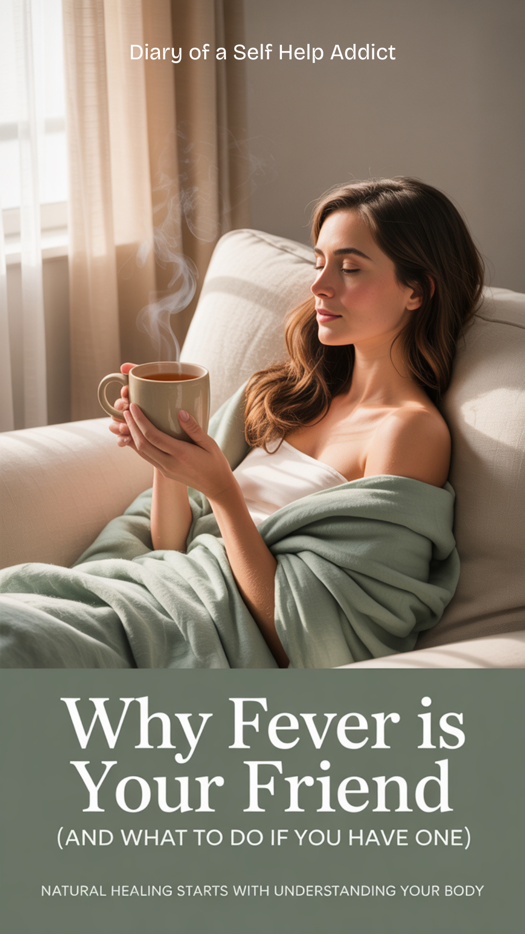Soft natural wellness aesthetic, warm beige and sage green tones, minimalist design. A cozy scene of a woman resting on a couch under a light blanket with a cup of herbal tea nearby, soft sunlight streaming in. Overlay text: “Why Fever Is Your Friend (and What To Do If You Have One)” in elegant serif + clean sans serif font combo. Add small subtext: “Natural healing starts with understanding your body.”