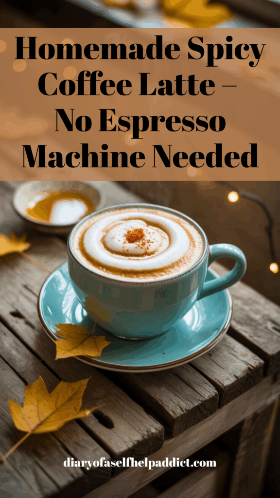 A steaming cup of homemade Ipsento-style latte on a rustic wooden table, creamy coconut foam swirled on top, tiny pinch of cayenne sprinkled, honey drizzle on the side, cozy warm lighting, autumn vibe.