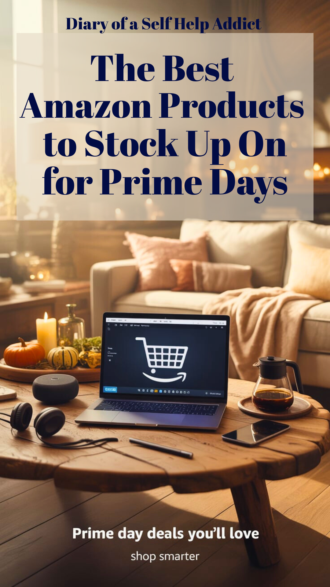 laptop open on Amazon website, shopping cart full of lifestyle products, cozy home background with fall accents like pumpkins and candles.