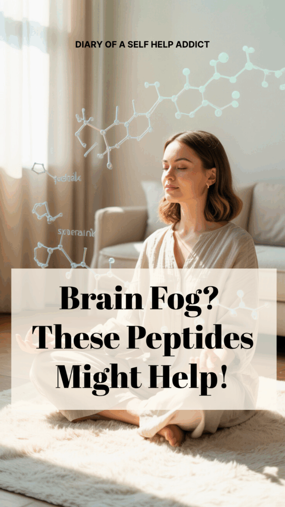 A calm, serene scene showing a person meditating in sunlight with subtle molecular diagrams (representing Selank) floating in the air, soft pastels, and a relaxed vibe.