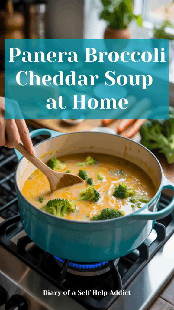 A cozy fall kitchen scene with warm, natural lighting. A woman in a soft neutral sweater is standing at a modern stovetop, gently stirring a pot of creamy broccoli cheddar soup. Steam rises as melted cheddar swirls through the soup, visible bits of broccoli and carrots. The background includes subtle fall touches — a lit candle, a folded kitchen towel, and maybe a few rustic wooden utensils. The mood feels homely, comforting, and golden-toned.