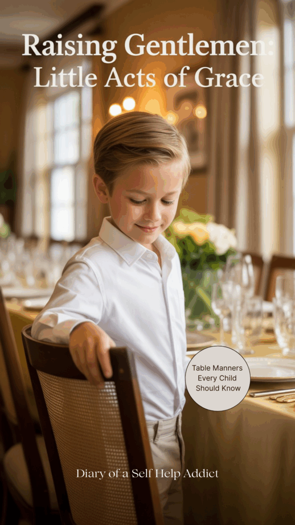 A well-dressed young boy in a collared shirt and neat hair pulling out a chair for his mom or sister at a dinner table. Soft natural light, elegant home background, warm tones. Text overlay: “Raising Gentlemen: Little Acts of Grace.