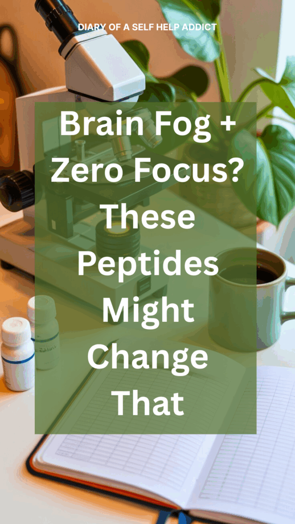 A science-meets-lifestyle collage: microscope, peptide vials labeled “Semax & Selank,” an open journal with tracking template visible, coffee mug, and a plant. Cozy but professional, soft lighting, modern flat-lay aesthetic.