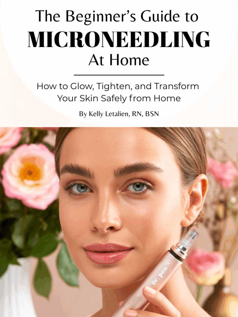 natural aesthetic woman holding a microneedling pen near her face with beautiful skin and soft roses behind her.