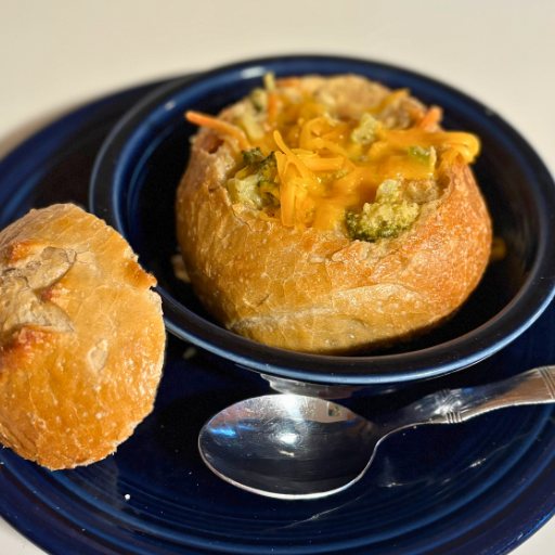 broccoli cheddar soup in a bread bowl