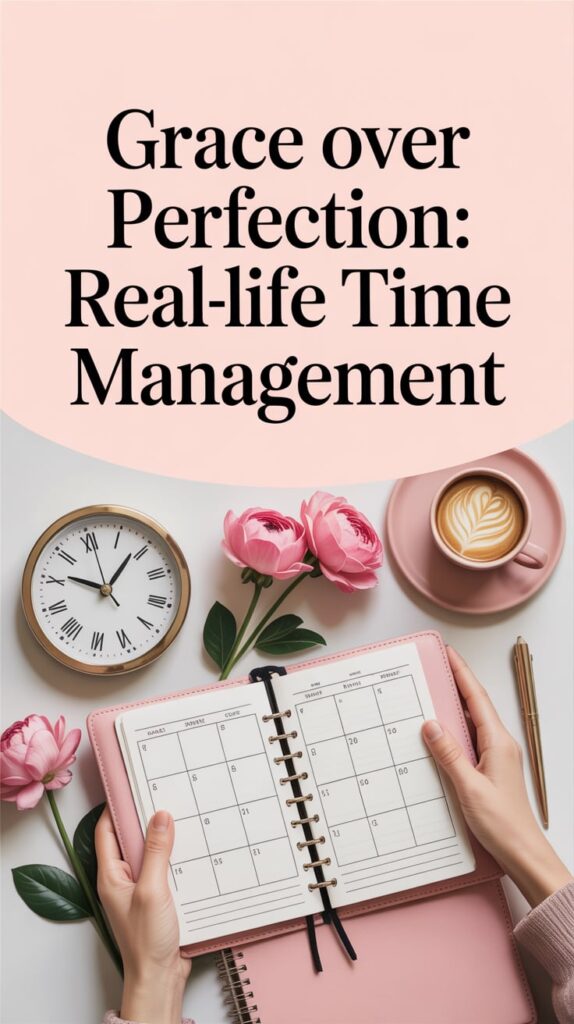 A minimal, bold graphic featuring a clock, notebook, and cozy coffee scene. Soft pastel background with text overlay: “Grace Over Perfection: Real-Life Time Management”.