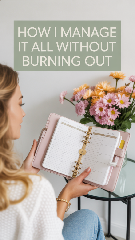 A bright lifestyle shot of a woman holding a planner with flowers on a table beside her. Text overlay in calming sage green and cream: “How I Manage It All Without Burning Out”.