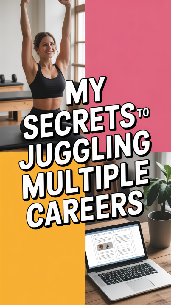 A cheerful, motivational design with split imagery: one side showing a woman teaching Pilates, the other a laptop with blog notes. Overlay text in modern fonts: “My Secrets to Juggling Multiple Careers”.