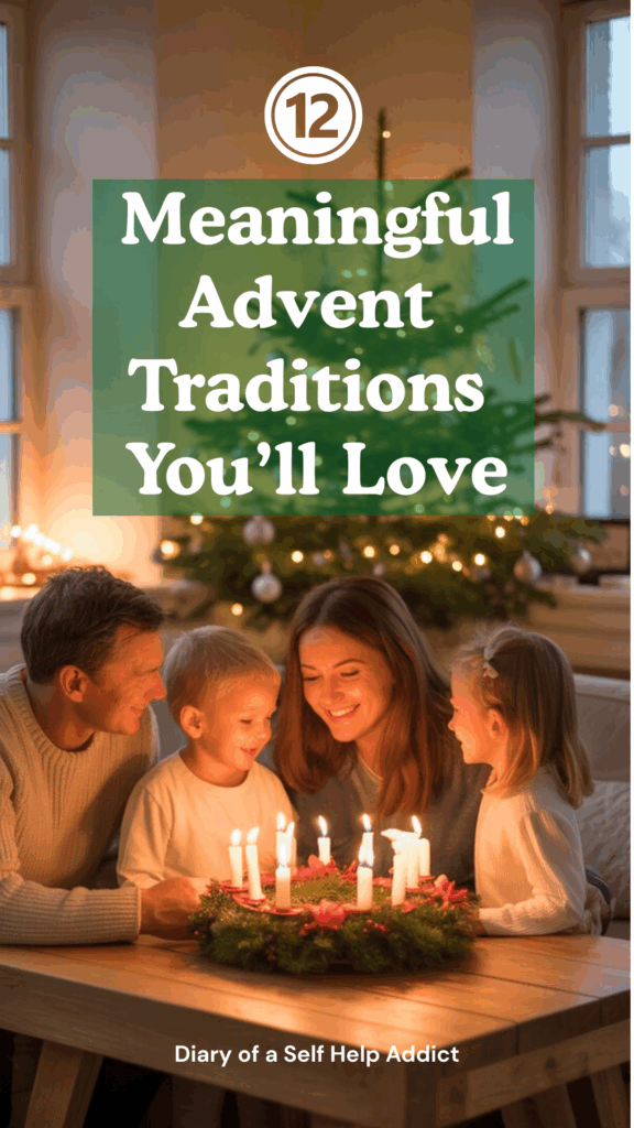 A cozy living room at dusk: a wooden table with an evergreen wreath holding four lit candles (three purple, one pink), an open Bible, fairy lights shimmering in background.