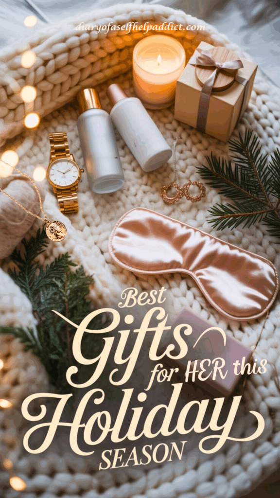 A cozy, feminine holiday flatlay with warm, soft lighting. A cream knit blanket spread out as the background, with hints of twinkle lights softly blurred in the corners. Beautiful gift items arranged neatly: a gold watch, luxury skincare bottles, a silk sleep mask, a pair of dainty earrings, a candle with a wooden lid, and a small wrapped present tied with velvet ribbon. Add subtle greenery like pine branches or eucalyptus for a winter touch. Overlay text in elegant, modern script and bold serif font: “Best Gifts for Her This Holiday Season”. Color palette: warm neutrals, soft blush, gold accents, and cozy holiday vibes.
