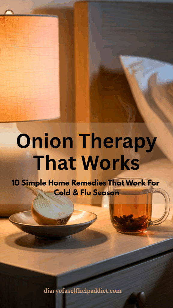 A dimly lit bedroom with a nightstand, a shallow bowl holding a warm onion half, a cozy lamp, and a steaming mug of herbal tea. Warm, comforting, winter-sick-day atmosphere.