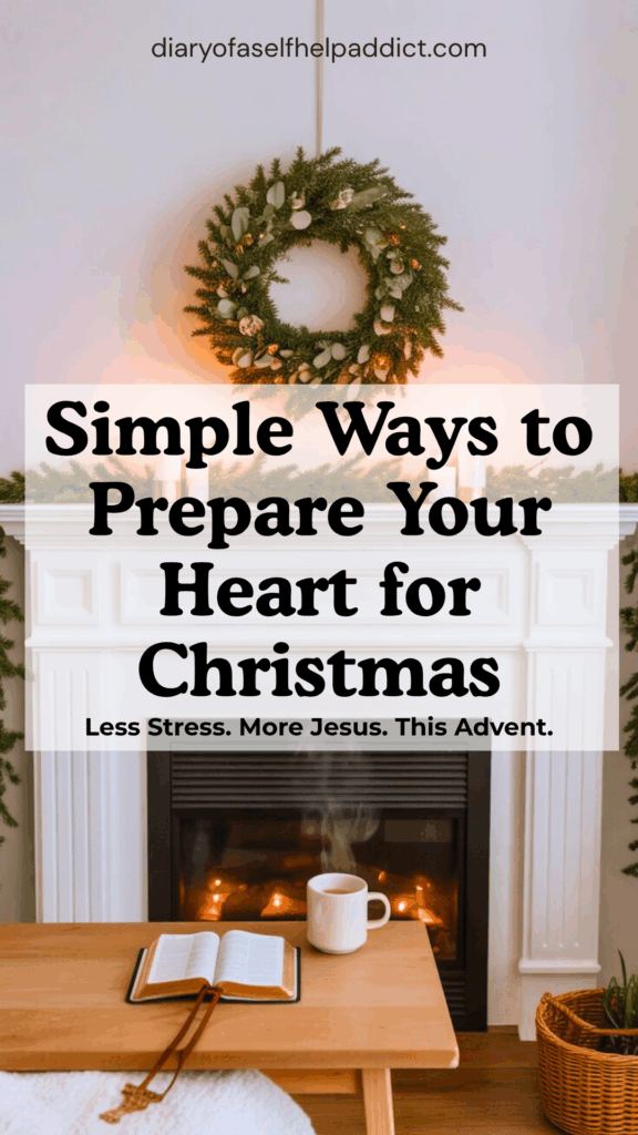 Minimalist white mantel with a simple green wreath, lit candles, open Bible, a steaming mug, cozy blanket.