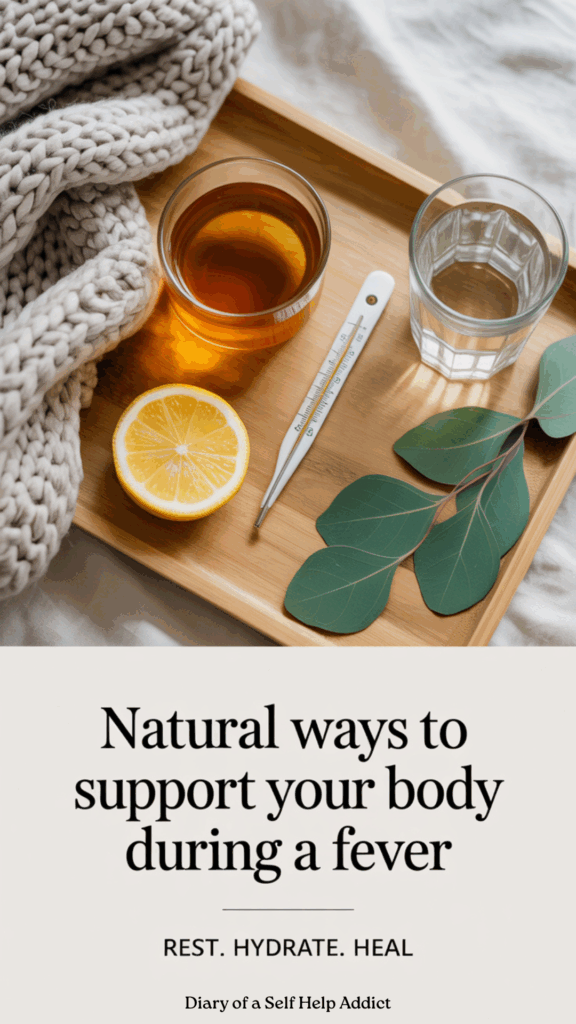 Flat-lay of natural healing essentials on a wooden tray: herbal tea, thermometer, cozy knit blanket, sliced lemon, eucalyptus leaves, and a glass of water. Clean, modern layout with text overlay: “Natural Ways to Support Your Body During a Fever”. Subtext: Rest. Hydrate. Heal. Light, airy background in neutral tones.