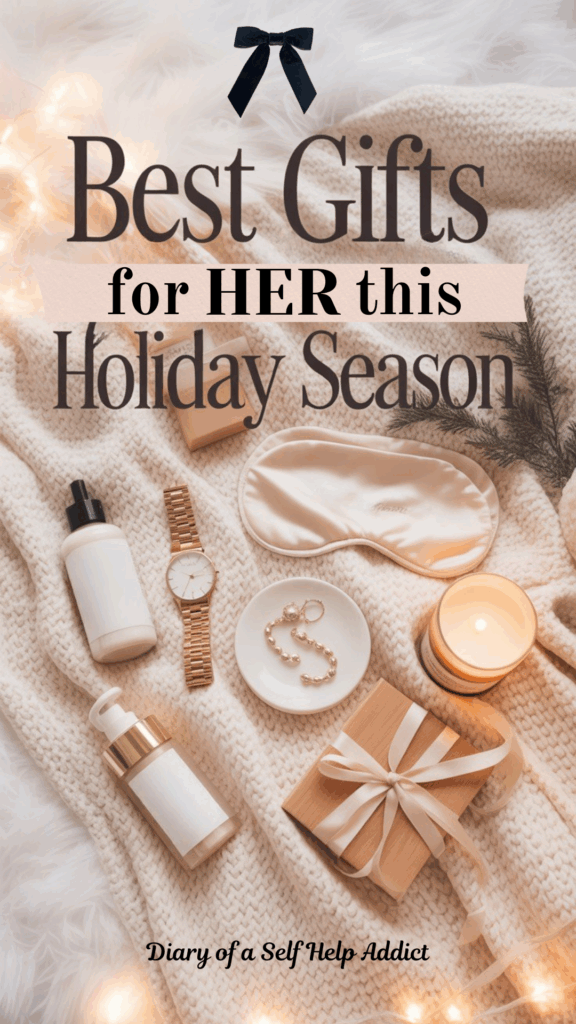 A cozy, feminine holiday flatlay with warm, soft lighting. A cream knit blanket spread out as the background, with hints of twinkle lights softly blurred in the corners. Beautiful gift items arranged neatly: a gold watch, luxury skincare bottles, a silk sleep mask, a pair of dainty earrings, a candle with a wooden lid, and a small wrapped present tied with velvet ribbon. Add subtle greenery like pine branches or eucalyptus for a winter touch. Overlay text in elegant, modern script and bold serif font: “Best Gifts for Her This Holiday Season”. Color palette: warm neutrals, soft blush, gold accents, and cozy holiday vibes.
