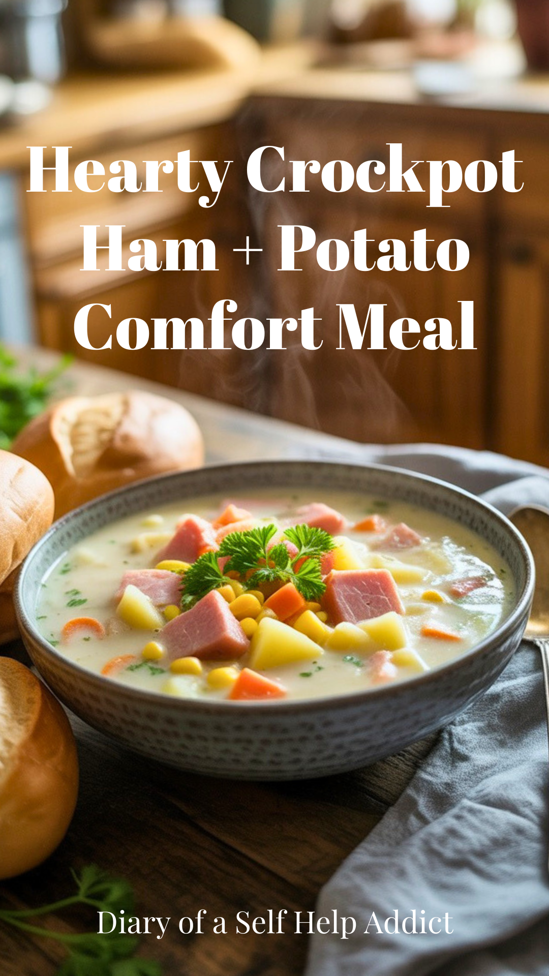 A steaming bowl of creamy ham and potato soup topped with fresh parsley, chunks of ham, diced potatoes, carrots, and corn visible. Cozy farmhouse kitchen background, warm natural lighting, rustic wooden table, sourdough rolls beside the bowl, soft winter aesthetic.