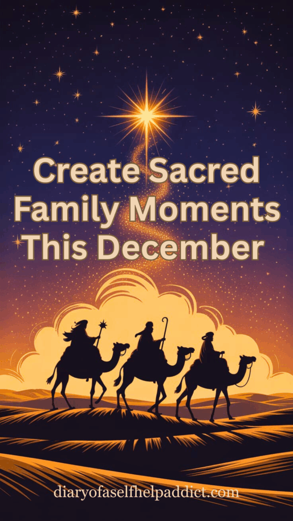 Silhouetted magi on camels under a starry sky, warm gold and indigo palette, a bright star overhead.