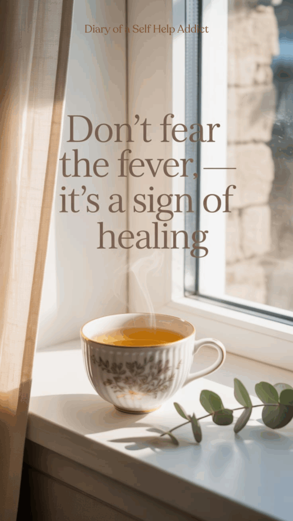 Gentle lifestyle photo of a steaming herbal tea cup beside a window with soft morning light. Minimalist quote-style design overlay: “Don’t Fear the Fever — It’s a Sign of Healing.” Use warm neutrals, thin serif typography, and a peaceful tone. Add subtle leaf or botanical accent in the corner for a natural vibe.