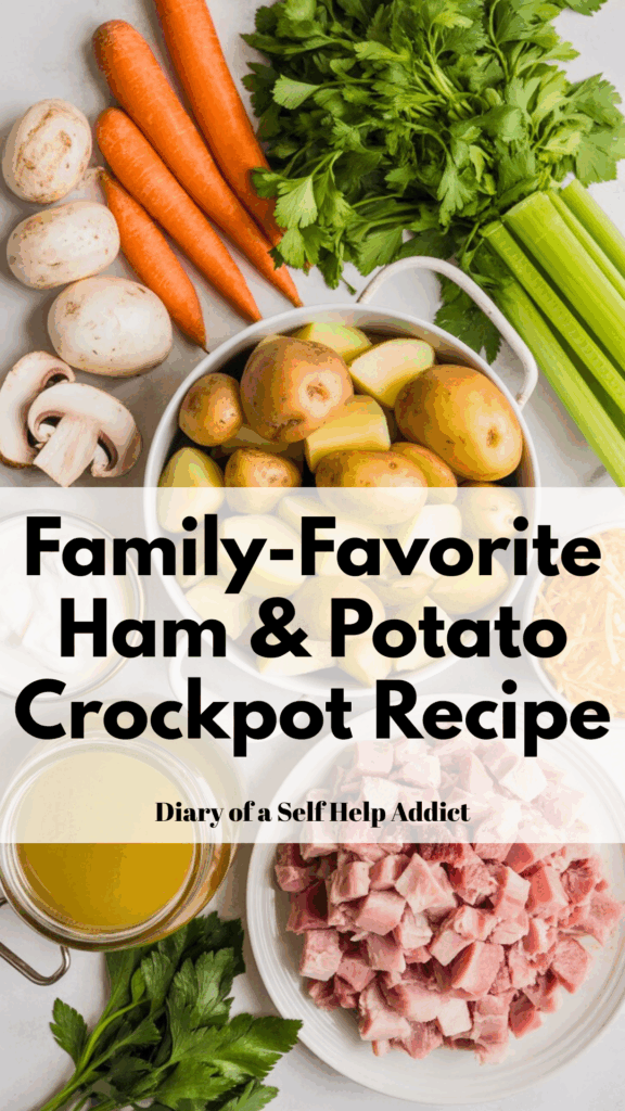 Styled flat-lay of ingredients for ham and potato soup: diced ham, chopped potatoes, celery, carrots, mushrooms, herbs, cream, cheddar cheese, and a jar of homemade turkey broth. Bright, clean, Pinterest-style kitchen scene.