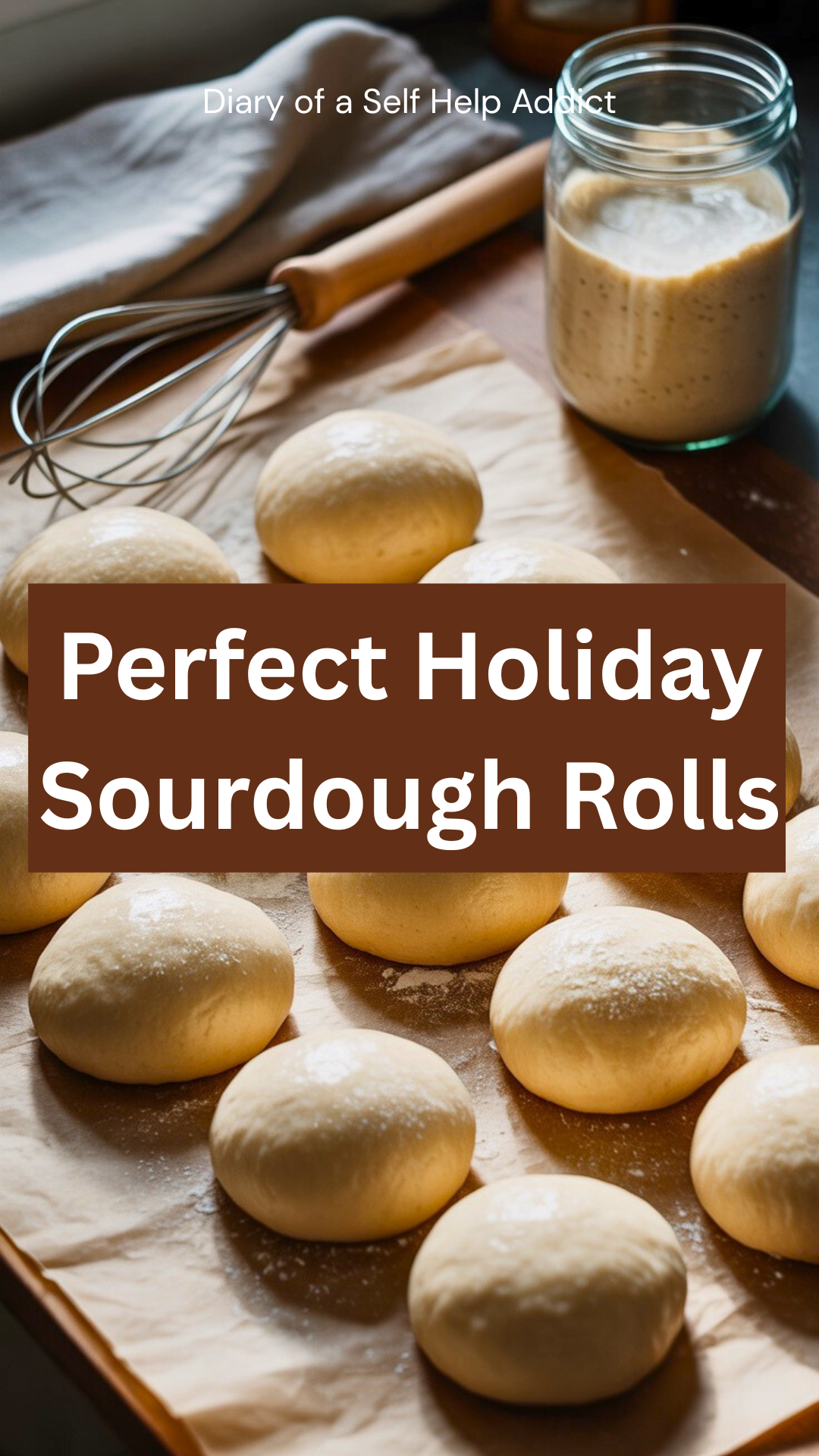 Dough balls neatly shaped on parchment paper, dusted with flour, with a dough whisk, kitchen towel, and starter jar placed aesthetically around them.