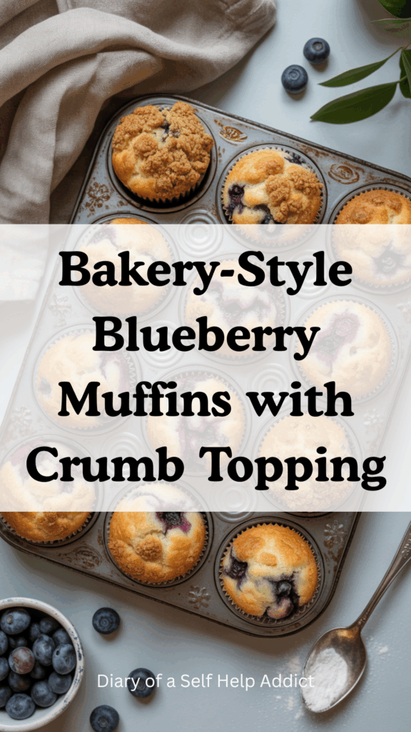 Flat lay of a dozen blueberry muffins in a vintage muffin tin, golden brown tops with crumbs, a linen napkin nearby, small bowl of blueberries and a spoon with flour dusted on the table. Light and airy farmhouse feel.