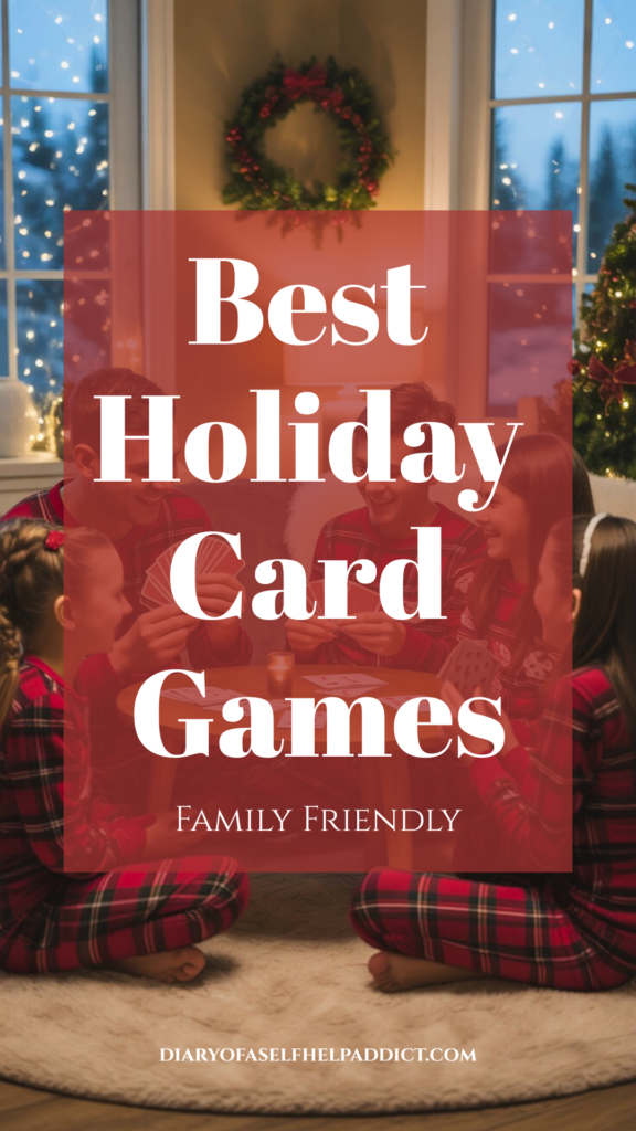 A cheerful family in red plaid Christmas pajamas sitting on the floor around a coffee table playing cards. Soft snow falling outside the window, warm lighting, giggles, and togetherness.