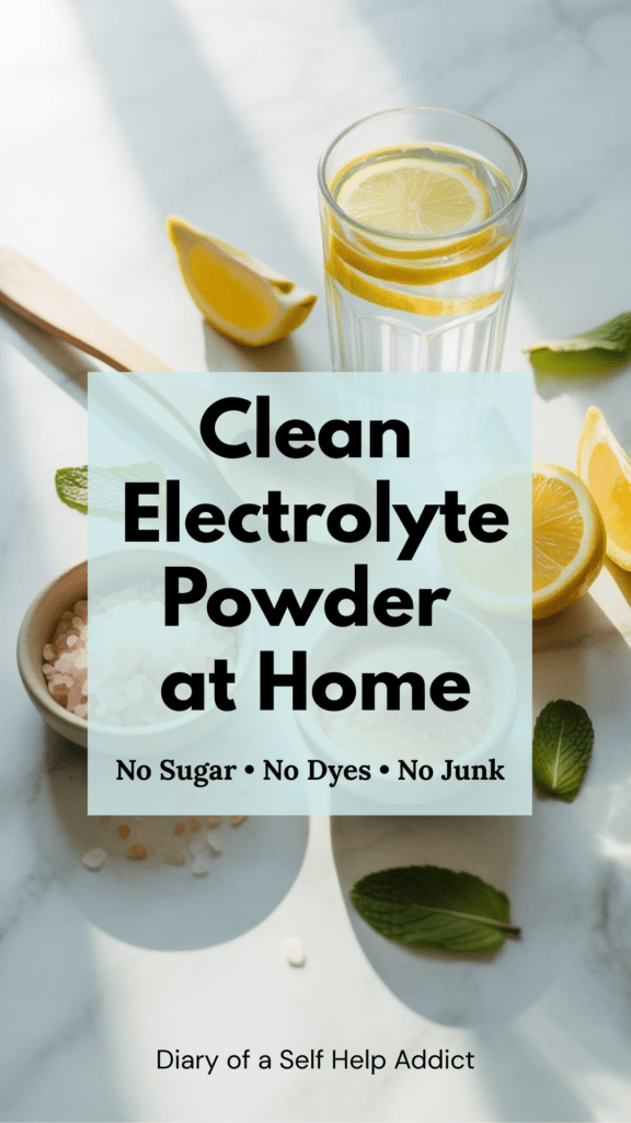 A bright, clean flat lay of a homemade electrolyte drink setup: a glass of water with lemon slices, small bowls of sea salt, magnesium powder, potassium powder, and a wooden spoon on a white marble or light wood background. Natural lighting, minimal aesthetic, wellness vibe.