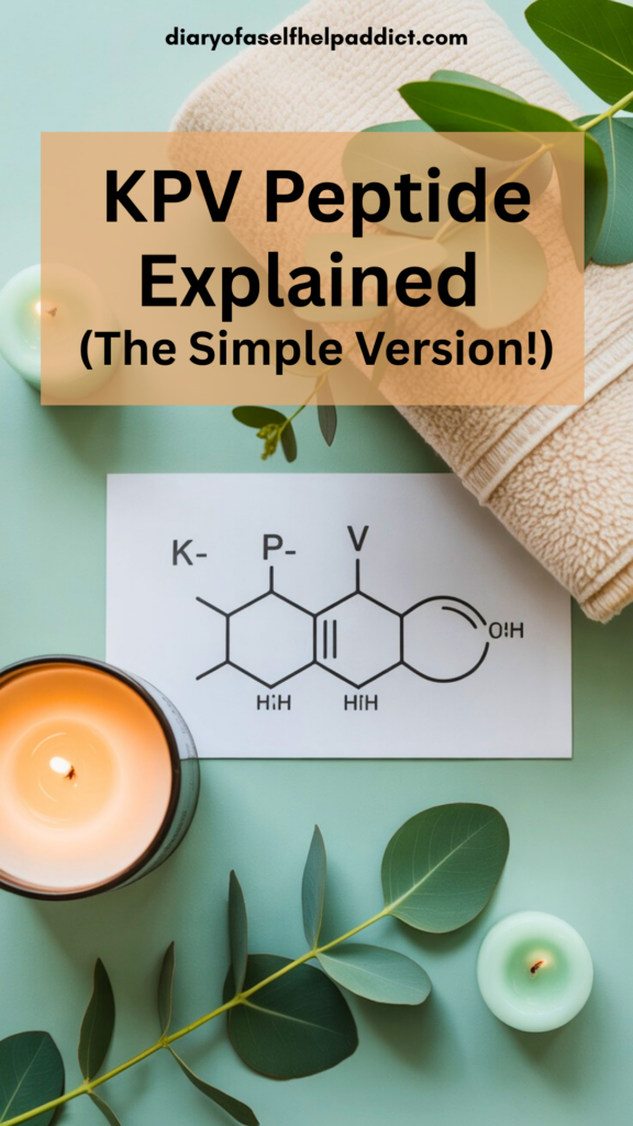 A clean, soft pastel infographic with minimalist KPV element. Text headline: “KPV Peptide Explained Simply.” Warm, friendly vibes. White background with blush accents and rounded shapes.