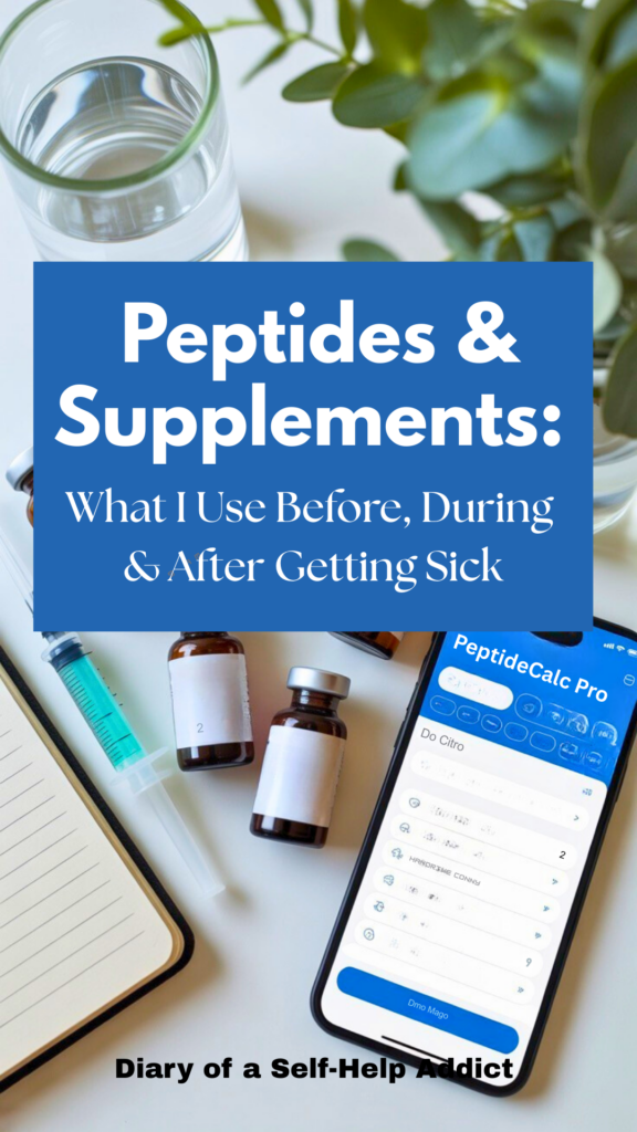 A flat lay of labeled vials and syringes on a clean white surface, alongside BAC water, the Peptide Calc Pro app on a smartphone, and a small notebook. Add subtle greenery in the background for a wellness vibe.