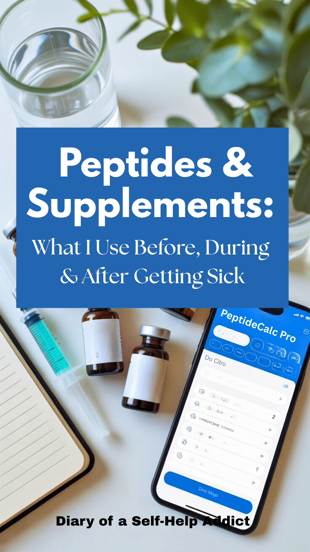 A flat lay of labeled vials and syringes on a clean white surface, alongside BAC water, the Peptide Calc Pro app on a smartphone, and a small notebook. Add subtle greenery in the background for a wellness vibe.