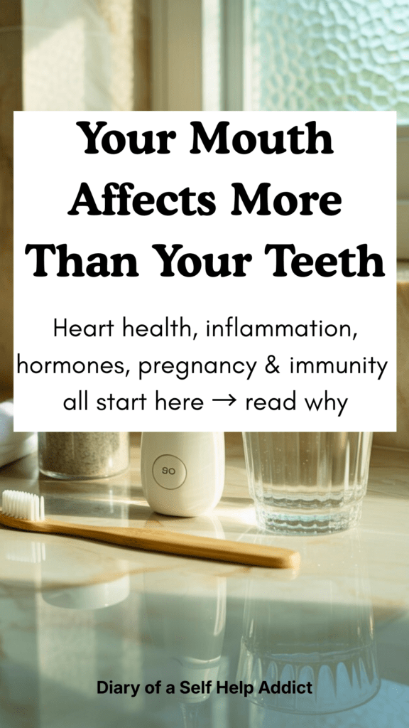 A calming bathroom scene with a soft-bristle toothbrush, floss, water flosser, mineral toothpaste, and a glass of water. Neutral, spa-like tones.