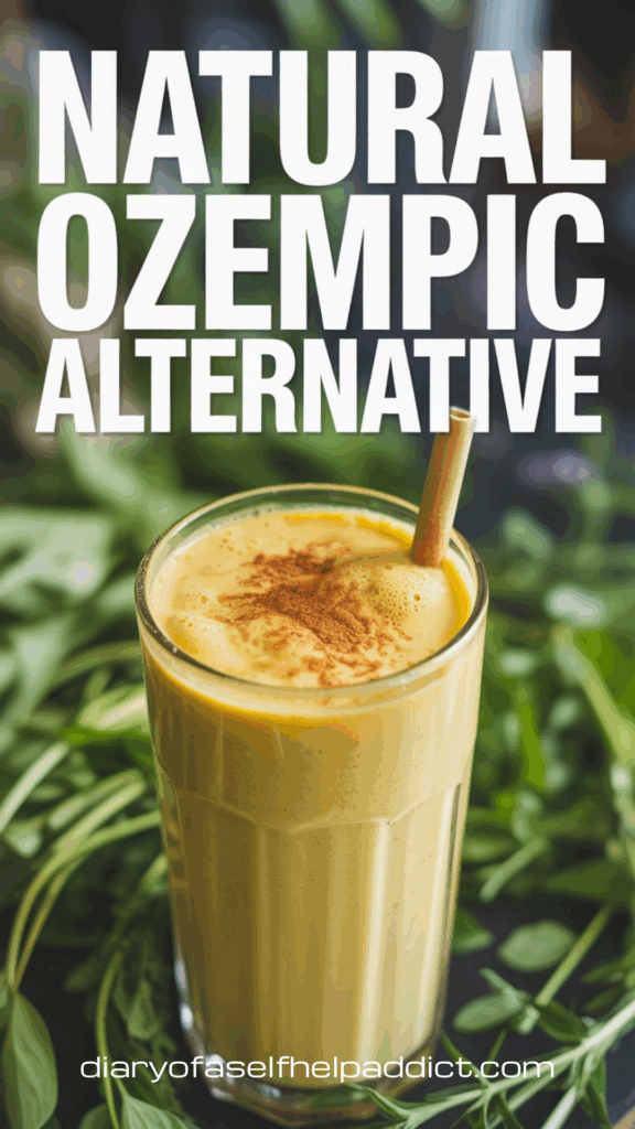 Close-up of a frothy golden wellness shake in a clear glass with a straw, sprinkled cinnamon on top, leafy green background, bright vibrant lighting, Pinterest-style bold headline reading ‘Natural Ozempic Alternative