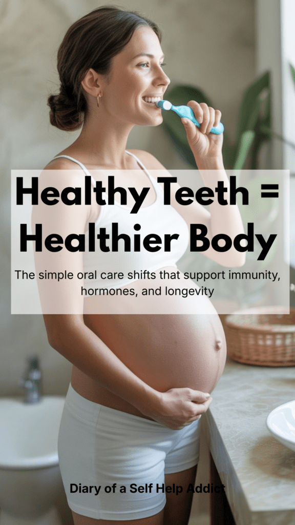 a pregnant woman brushing her teeth in a neutral colored bathroom