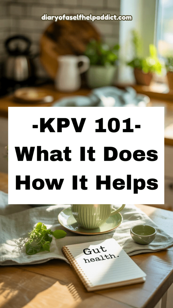 A cozy kitchen scene with a cup of herbal tea, a small notebook labeled “Gut Health,” and gentle sunlight on a wooden table. Soft greens and neutrals. Calm, nurturing atmosphere.