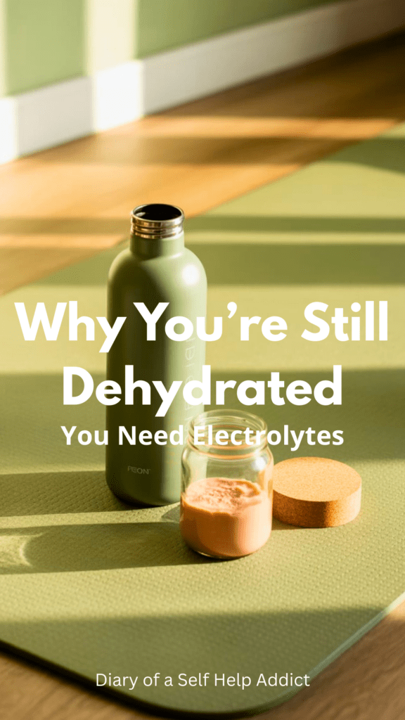 A reusable water bottle on a Pilates mat or gym floor with a small jar of DIY electrolyte powder nearby. Soft sunlight, healthy lifestyle aesthetic, calm and motivating.