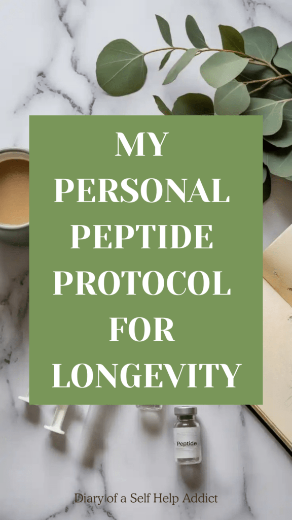 Flat lay of glass peptide vials, insulin syringes (tastefully styled, non-graphic), journal, coffee mug, eucalyptus leaves, white marble background, soft shadows, luxury wellness aesthetic, clean and educational, muted neutrals