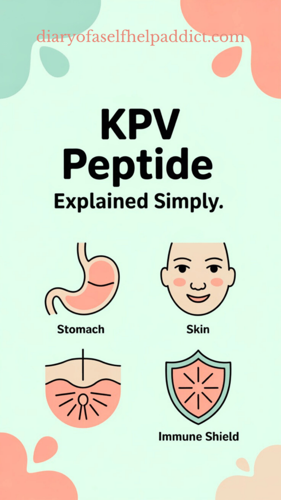 A clean, soft pastel infographic with minimalist icons of a stomach, skin, and immune shield. Text headline: “KPV Peptide Explained Simply.” Warm, friendly vibes. White background with blush accents and rounded shapes.