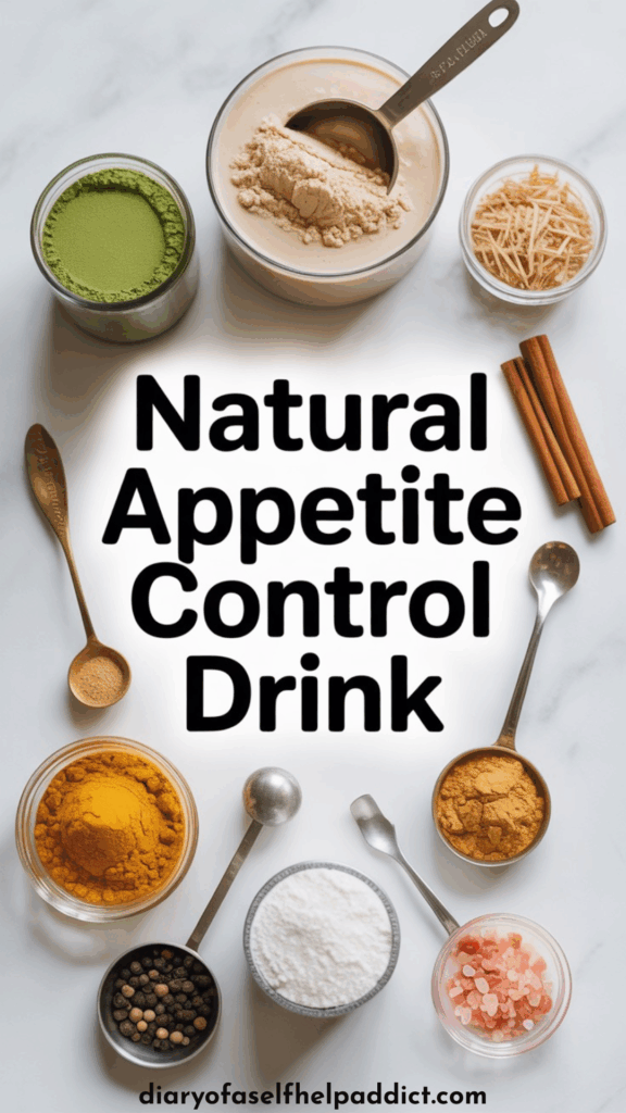 Flat-lay of all shake ingredients neatly arranged: green tea, protein powder scoop, psyllium husk, turmeric, cinnamon, black pepper, creatine, Redmond salt, with bold high-contrast text ‘Natural Appetite Control Drink’ in a clean modern style.