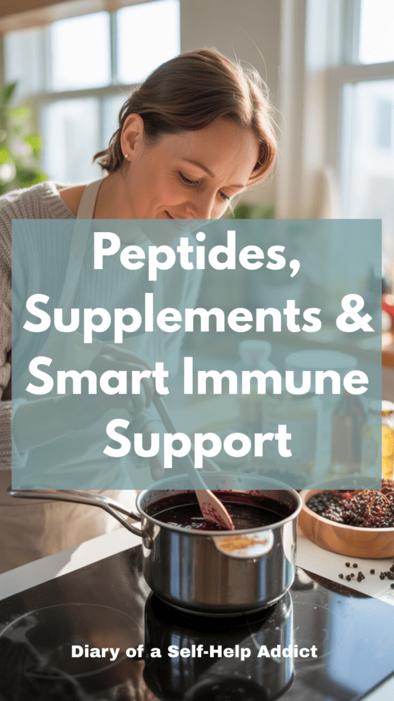 Mom preparing a small glass of colostrum or mixing supplements for family members at the kitchen counter. Warm, approachable, real-life wellness scene.